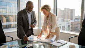 Couple reviewing charts in a family office