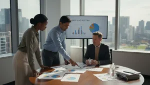 Family office team reviewing asset allocation charts