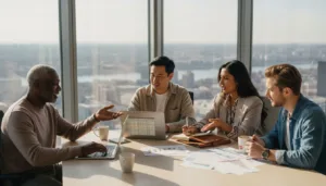 Multi-generational family meeting in city office