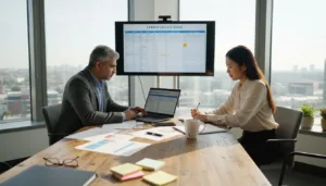 Family office team meeting reviewing risk checklists