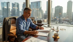 Executive reviewing portfolio in corner office