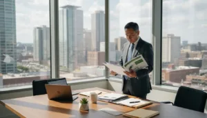 Executive reviews ESG reports in office