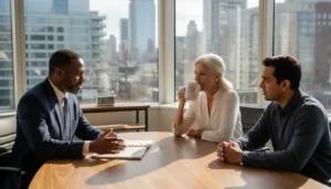 Advisor consulting family in city view office