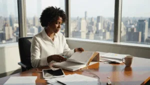 Investment manager reviewing accounts in corner office