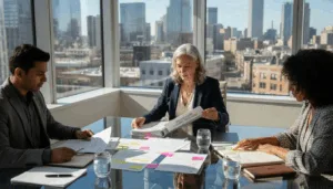 Compliance team meeting in glass-walled office