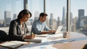 Family office team reviewing benchmarking reports