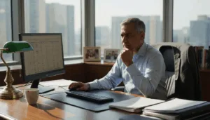 Family office executive at desk reviewing spreadsheet