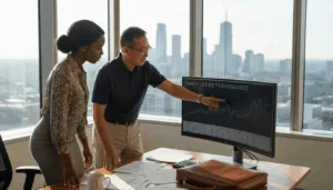 Family office executives reviewing KPI charts