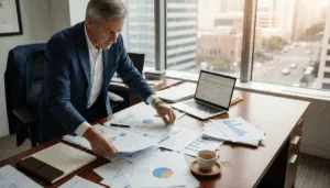 Senior analyst sorting investment reports at desk