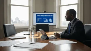 Executive reviewing benchmarking dashboard in office