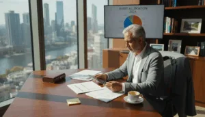 Wealthy investor at desk reviewing reports