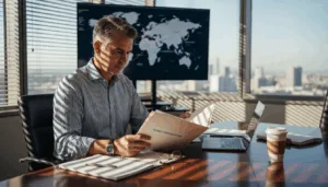 Executive reviewing lead generation documents in a boardroom