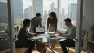 Four professionals collaborating in corner office