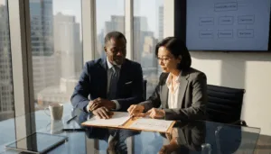 Executives reviewing compliance documents in corner office