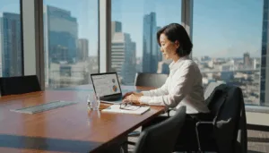 Advisor reviewing wealth charts in corner office