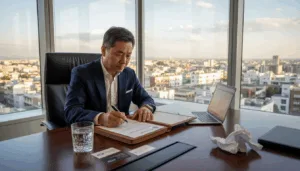 Executive signing direct investment agreement in city office