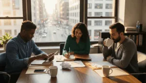 Business team networks in city office meeting
