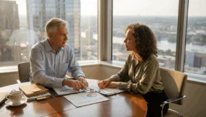 Family meeting reviewing investment portfolio