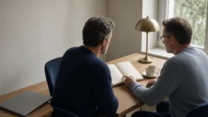 Two advisers in knitwear at an oak desk reviewing an open notebook beside a brass lamp