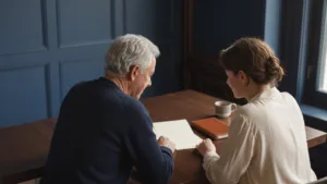 An older man and a younger woman sit side by side at a walnut table by a window, looking over blank papers together.