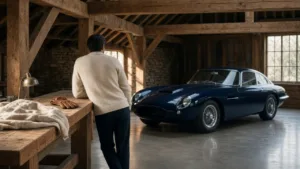 A man in a cream jumper leans on an oak workbench, looking at a navy classic car in a barn garage.