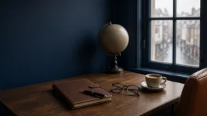 A walnut desk with a leather notebook, fountain pen, glasses and coffee, a plain globe behind, and a rainy street outside the window.