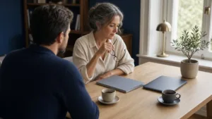 A woman holding reading glasses considers a closed folder across an oak table from a colleague in a sunlit study