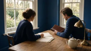 Brother and sister sit at an oak kitchen table by a garden window, quietly going through family estate papers and a leather folder