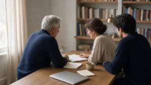 Three family members of different generations sit at an oak table in a bright library, reviewing notebooks together.