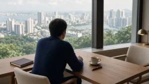Adviser in a navy jumper sitting at an oak table, gazing over a green, high-rise waterfront city