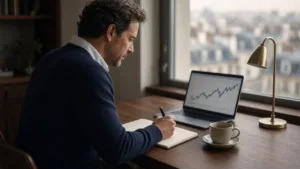 A portfolio manager in a navy sweater writes notes beside a laptop and brass lamp at a desk overlooking city rooftops