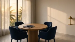 A round oak table with navy chairs and a closed notebook in a calm meeting room, palm trees and evening sun beyond the windows.