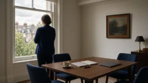 A woman looks out over London rooftops from a calm townhouse office with a walnut meeting table, navy chairs and blank notebooks