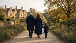 Grandfather, mother and young daughter walk hand in hand along a gravel path towards a stone country house in autumn light