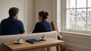 Two people seen from behind on a linen sofa in a bright townhouse room, with coffee cups, a navy notebook and a guitar case.