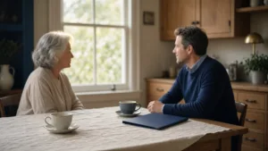 A silver-haired mother and her adult son talk quietly across a linen-covered kitchen table with tea cups and a closed navy folder.