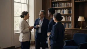 Four professionals chat over coffee in a book-lined private club library with tall windows and navy armchairs