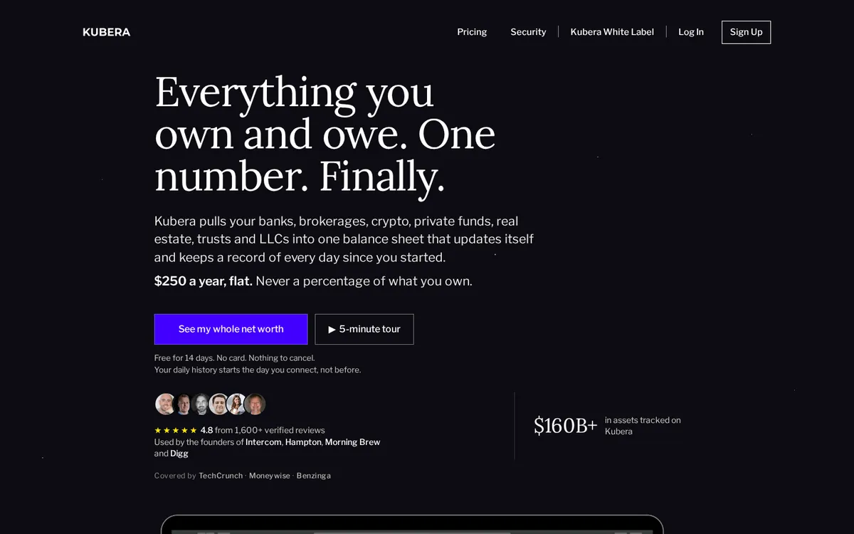 Kubera website homepage, October 2026