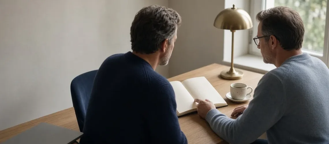 Two advisers in knitwear at an oak desk reviewing an open notebook beside a brass lamp