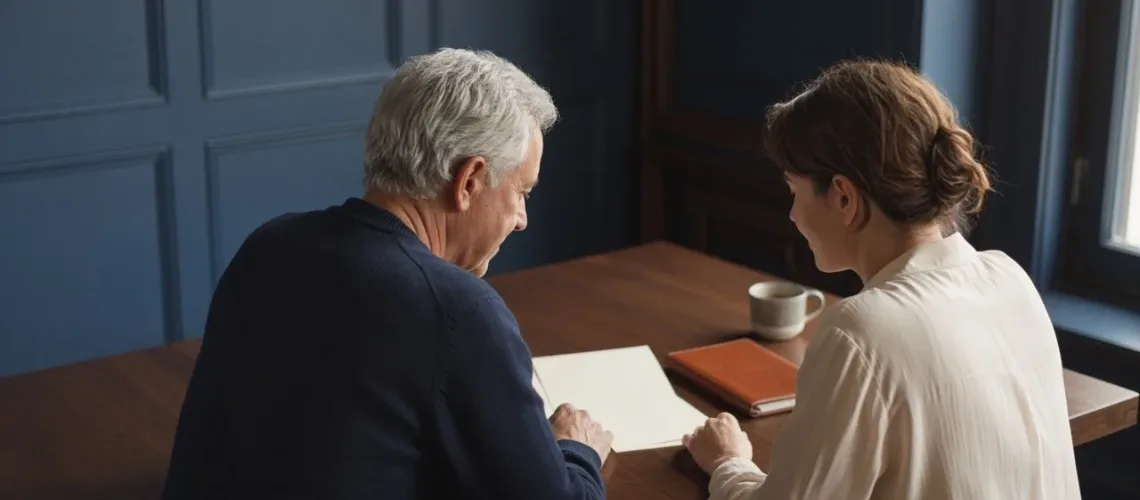 An older man and a younger woman sit side by side at a walnut table by a window, looking over blank papers together.