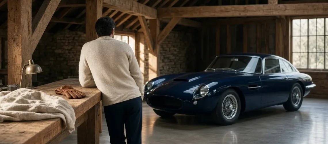 A man in a cream jumper leans on an oak workbench, looking at a navy classic car in a barn garage.