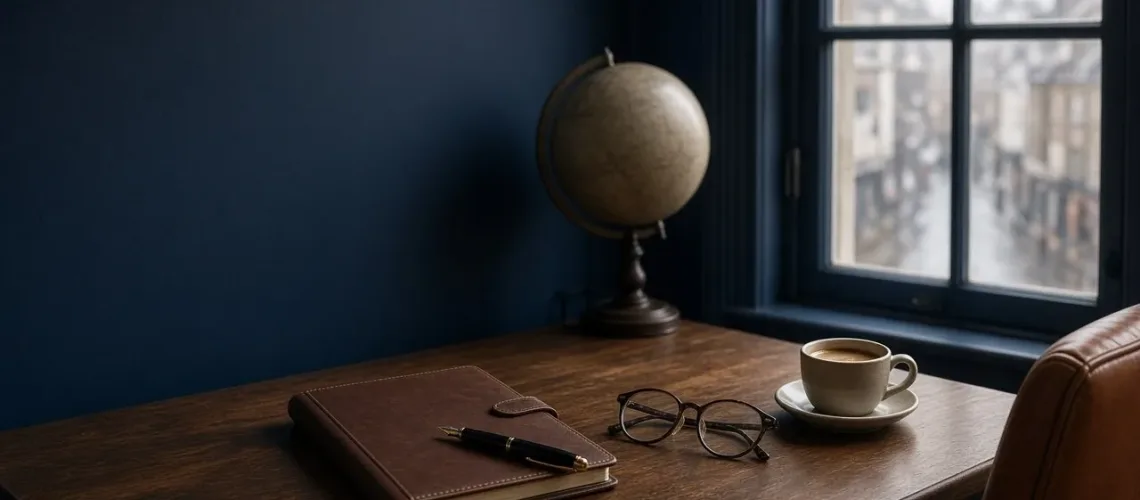 A walnut desk with a leather notebook, fountain pen, glasses and coffee, a plain globe behind, and a rainy street outside the window.