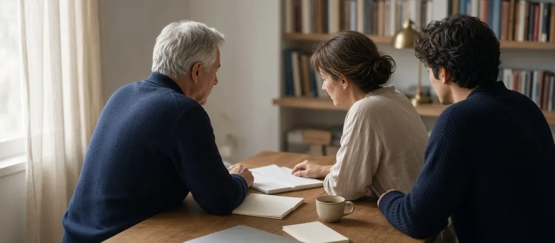 Three family members of different generations sit at an oak table in a bright library, reviewing notebooks together.