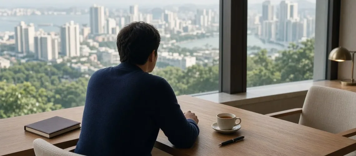 Adviser in a navy jumper sitting at an oak table, gazing over a green, high-rise waterfront city