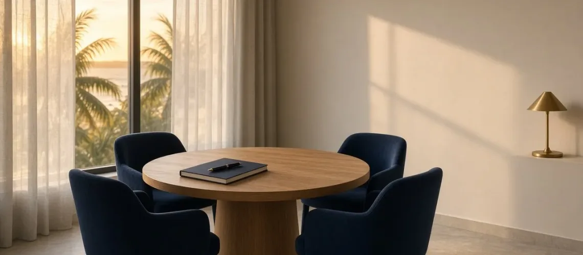 A round oak table with navy chairs and a closed notebook in a calm meeting room, palm trees and evening sun beyond the windows.