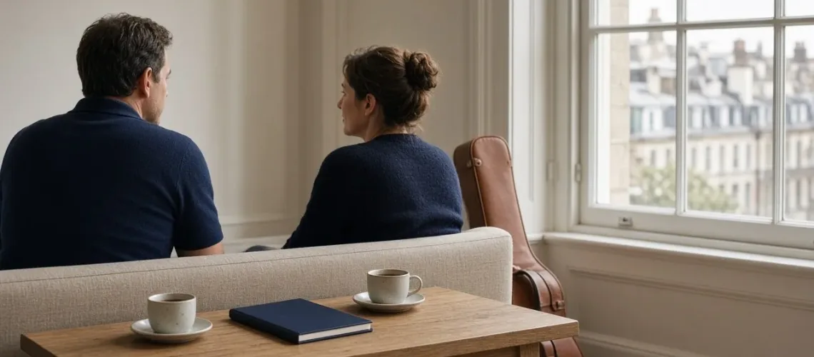 Two people seen from behind on a linen sofa in a bright townhouse room, with coffee cups, a navy notebook and a guitar case.