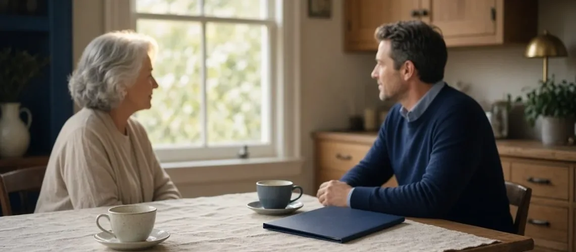 A silver-haired mother and her adult son talk quietly across a linen-covered kitchen table with tea cups and a closed navy folder.