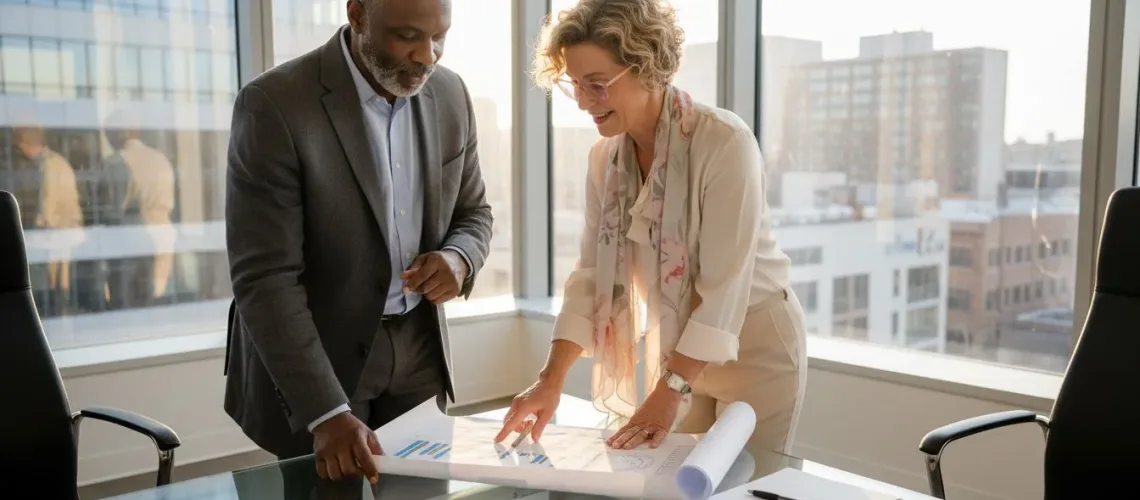Couple reviewing charts in a family office