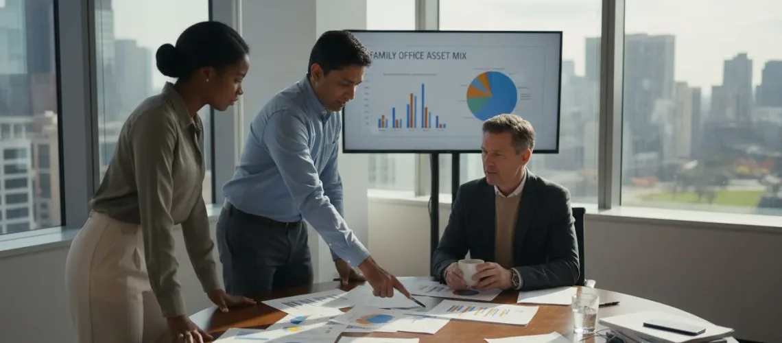 Family office team reviewing asset allocation charts