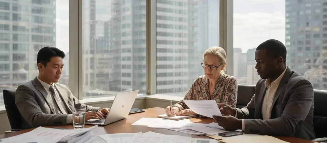 Business team reviews cross-border investment documents